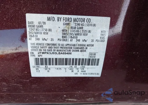 2020 Ford Edge Sel из США, поврежденный, VIN 2FMPK3J93LBA89486